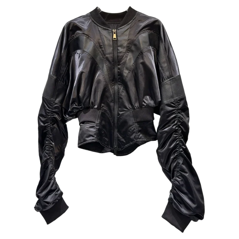 Kurtka damska k Cool ort ze skóry PU z satynowym wzorem, modelująca talię, modna, jesienna, nowa, z efektem łączenia materiałów, w stylu hot-pepper.