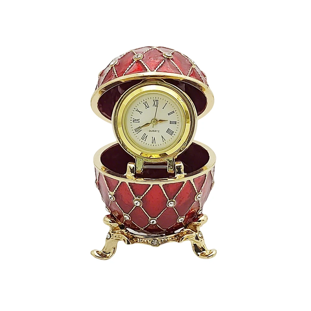 Faberge Style Egg Shaped Trinket Box with Clock, Vintage Red Enamel Rhinestone Decorative Egg, Luxury Metal Jewelry Storage Box