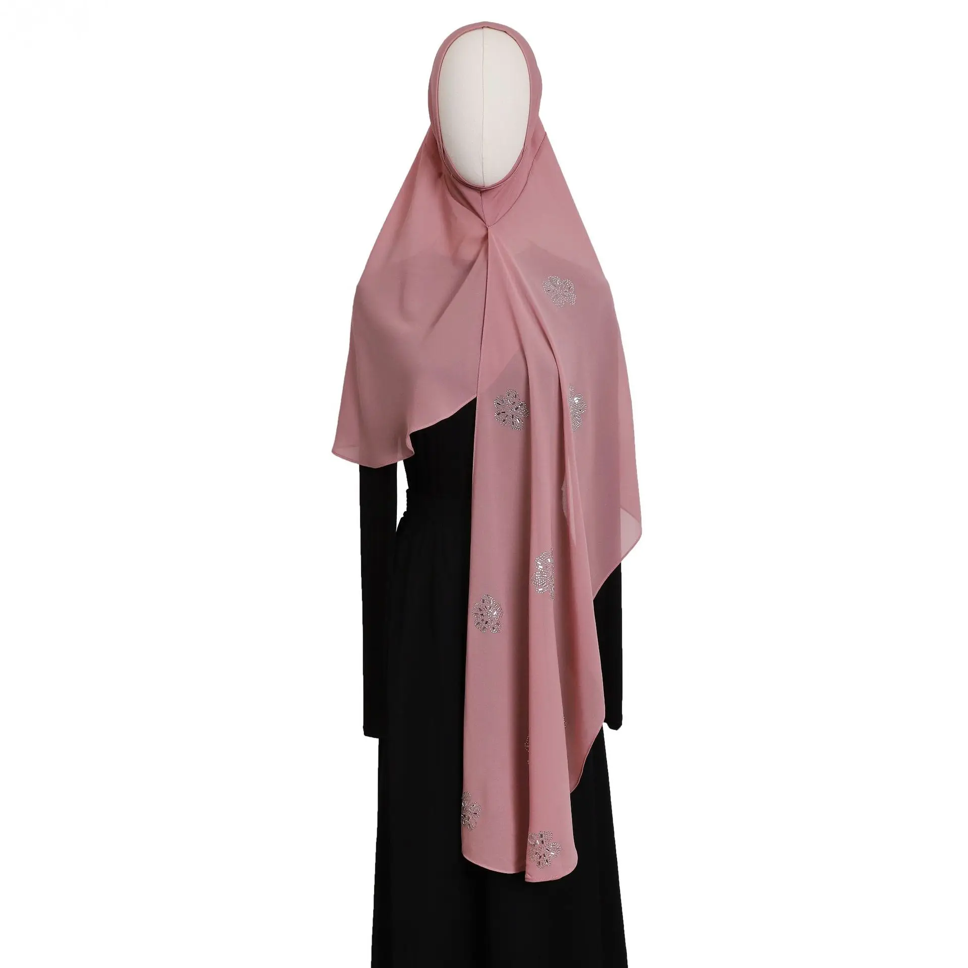 

High Quality Flower Rhinestone Scarf Ramadan Chiffon Instant Muslim Hijab Women Islam Prayer Hijabs Khimar Amira Head Wrap Cap
