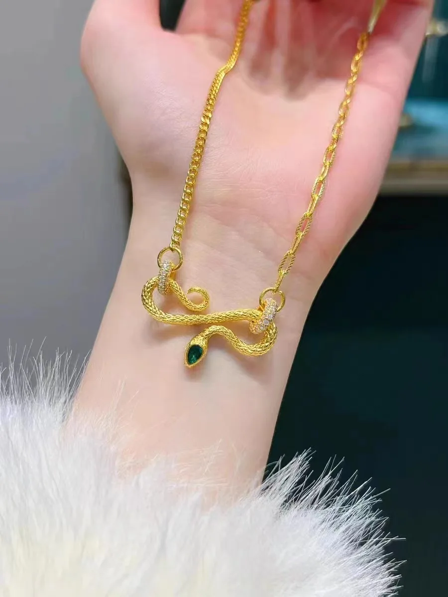 

9999 Spirit Snake Set Light Luxury Retro One Piece Chain 24K Wind Clavicle Chain Female Zodiac Snake Ring Pendant