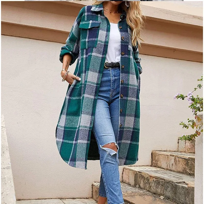 Long Sleeved Women's Trench Coat with Side Split Collar and Loose Fit Woolen Plaid Shirt Jacket for Women