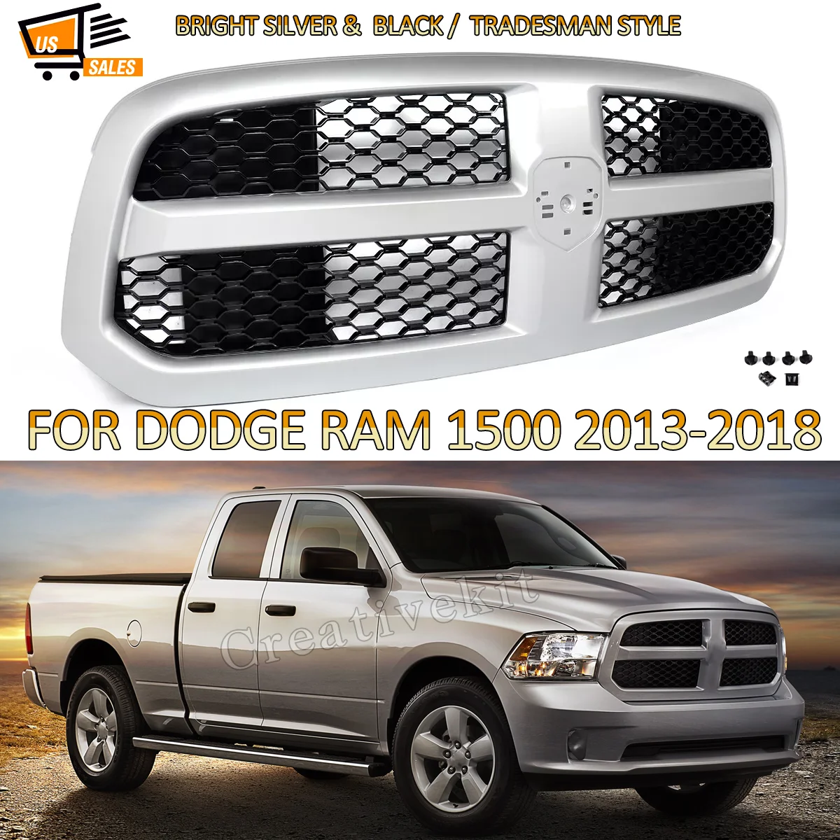 Bright Silver Grille w/ Black Mesh For 2013-20108 Dodge RAM 1500 Tradesman Style Honeycomb Front Bumper Grille Upper Grid Grills