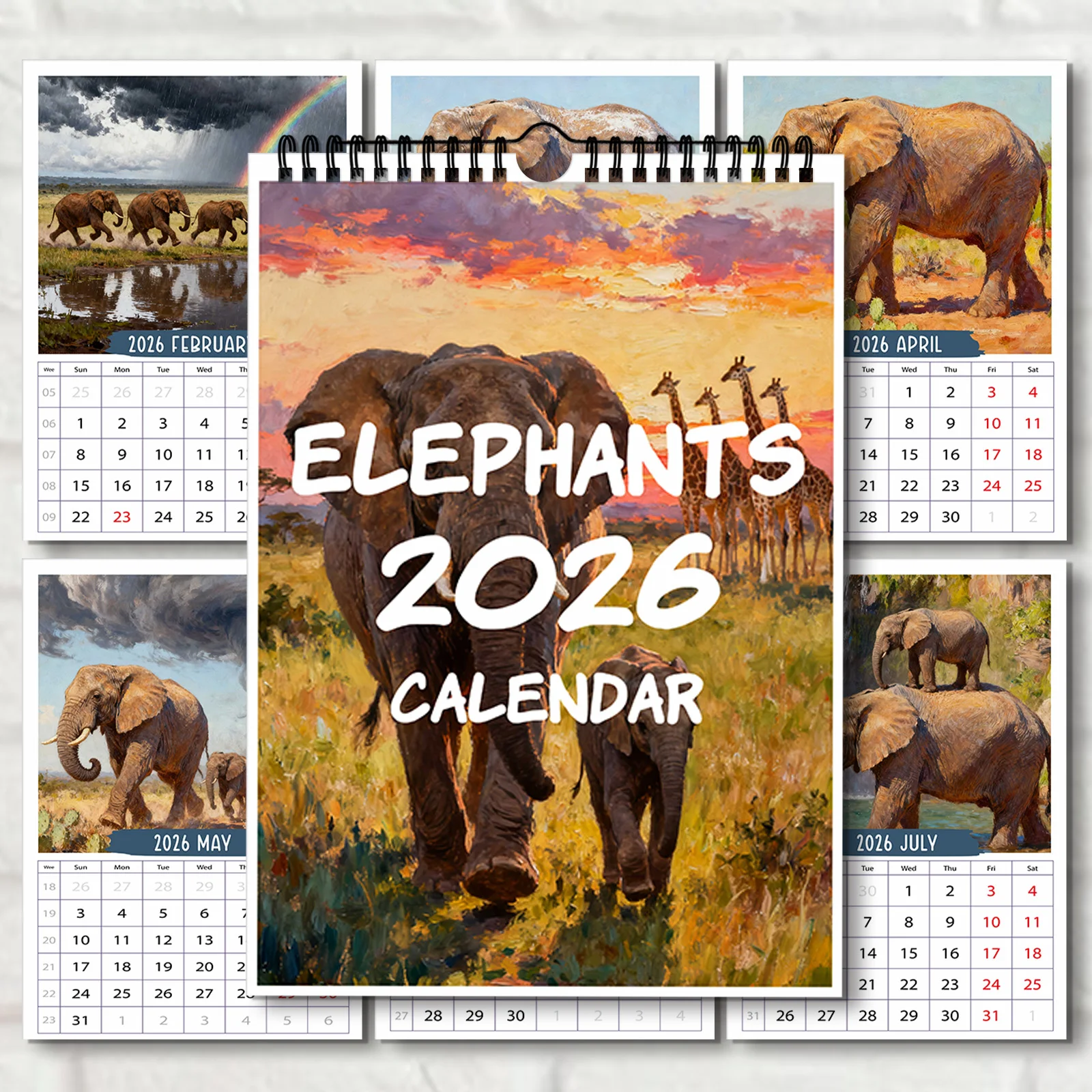 

1PC 2026 Elephants Wildlife Wall Calendar: Stunning Animal-Perfect for Home Decor & Office Planning