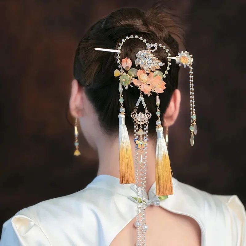 Womens Swan And Flowers With Beaded Tassels Hair Bundle Headdress