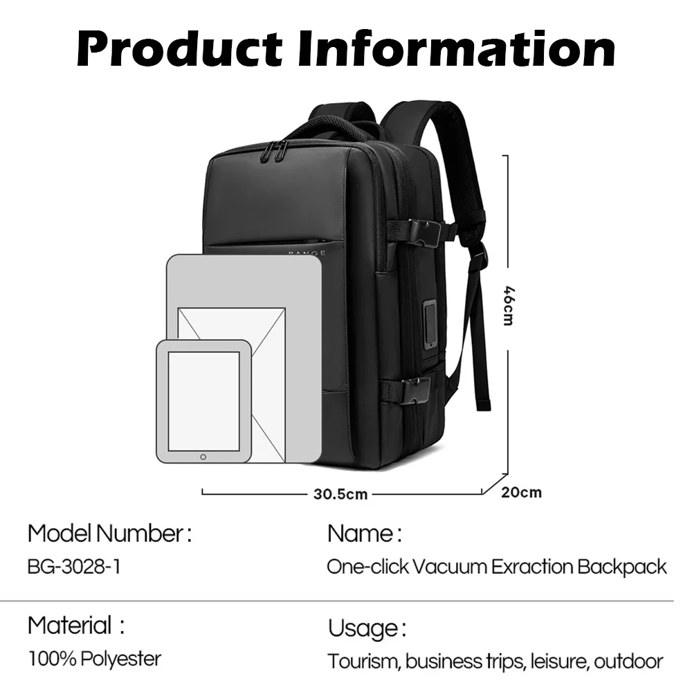 حقيبة ظهر مضغوطة مفرغة بنقرة واحدة من BANGE، حقيبة ظهر للسفر في المقصورة الخارجية مع مضخة مفرغة ومقصورة كمبيوتر مستقلة