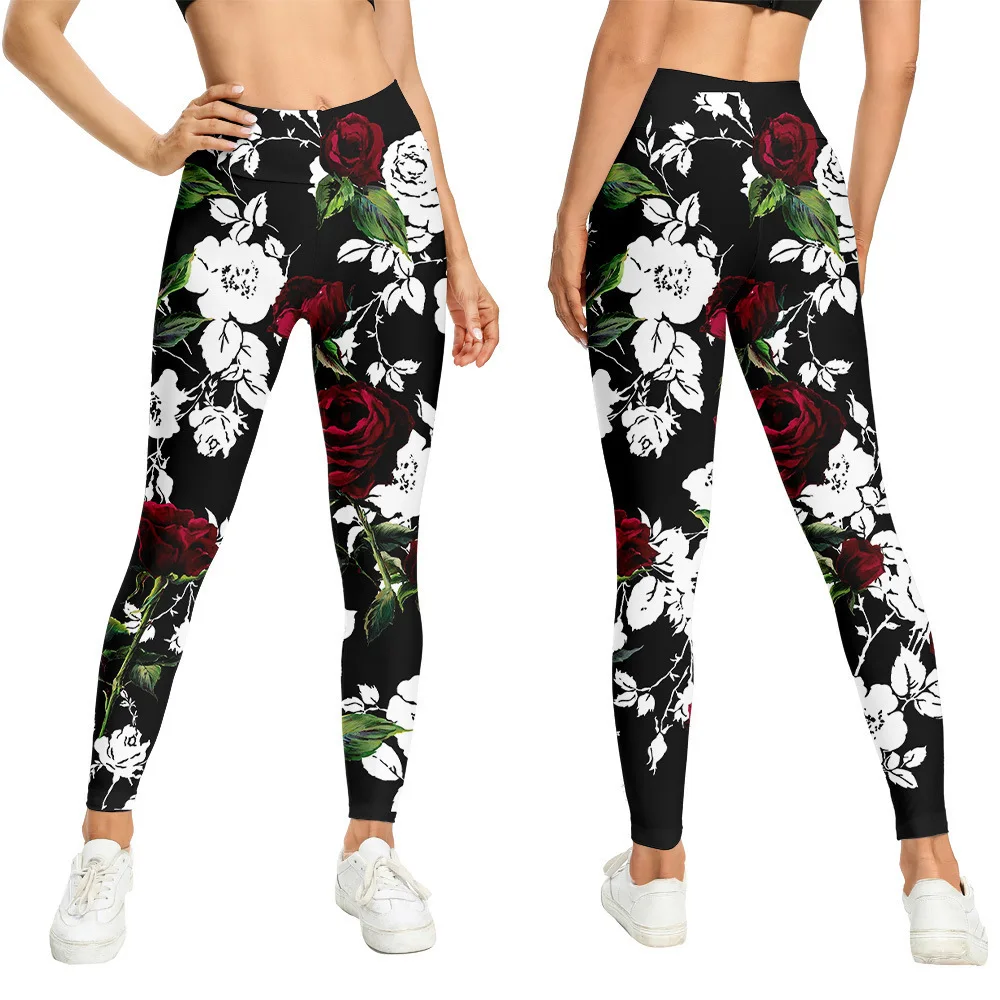 Black Flowers Sport Leggings Women 3D  Printing Tights Yoga Pants Gym Leggin Ladies  Leggins For Female Leginsy Sexy Legins 2023