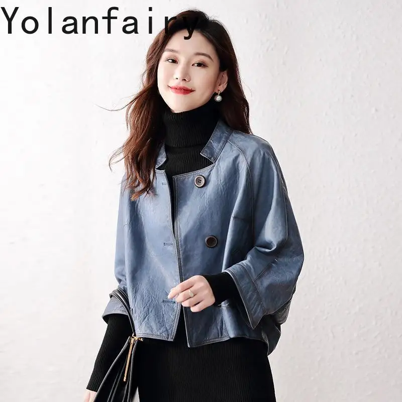 YOLANFAIRY 정품 가죽 양피 코트 여성 의류 짧은 가죽 망토 루즈 코트 및 여성용 재킷 빈티지상의