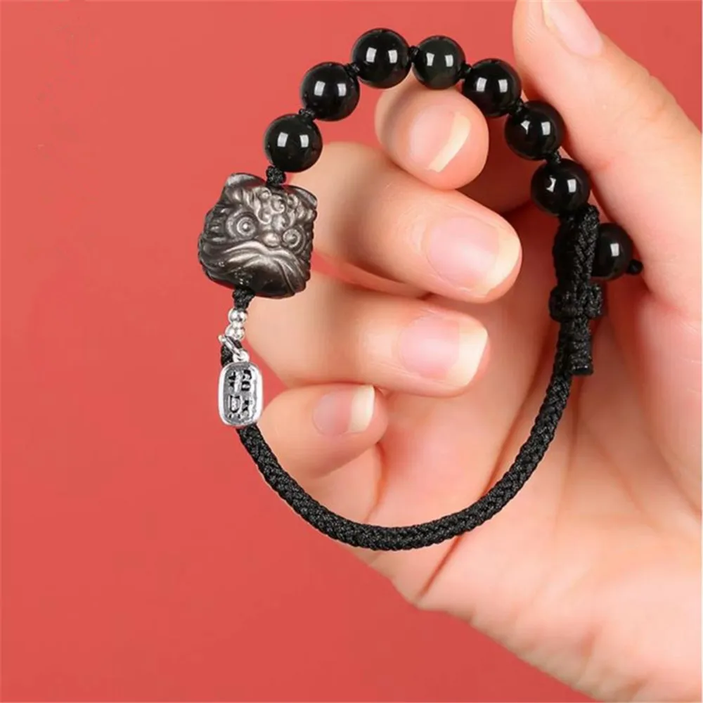 Natural Silver Obsidian Stone Awakening Lion Bracelet Handmade Adjustable Braided Fine Jewelry Couple Bracelets Dropshipping