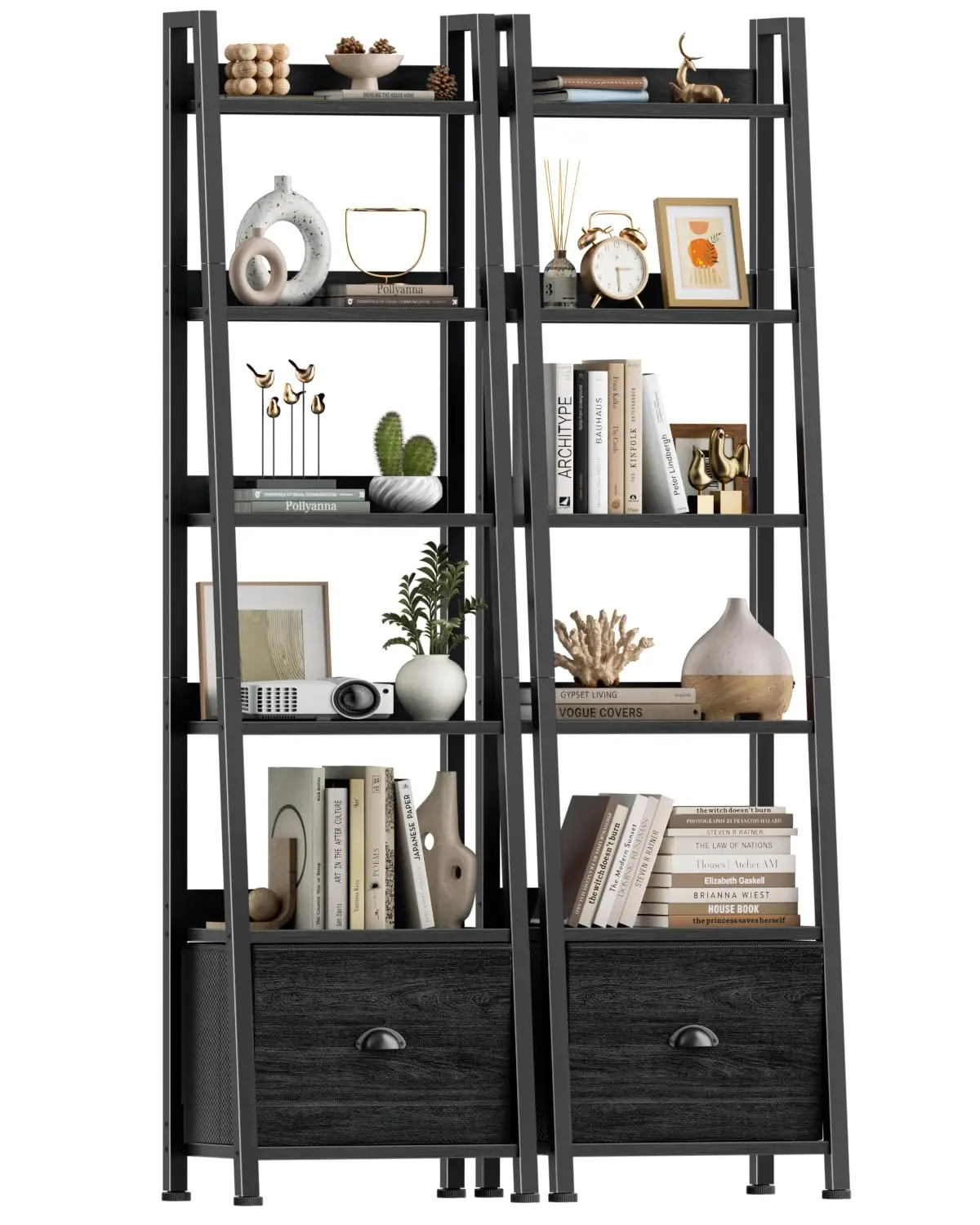 6-Tier Ladder Bookshelf with Drawer Set of 2, Wood Metal Freestanding Storage Shelf for Living Room Office Bedroom, Black Oak, C