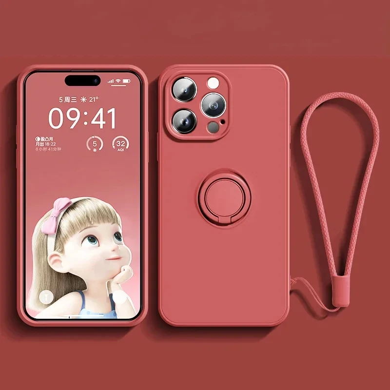 

360 ° Rotating Metal Ring Holder Liquid Silicone Shockproof Case For IPhone 16 14 13 12 11 15 Pro Max Plus Mini Cover With Strap