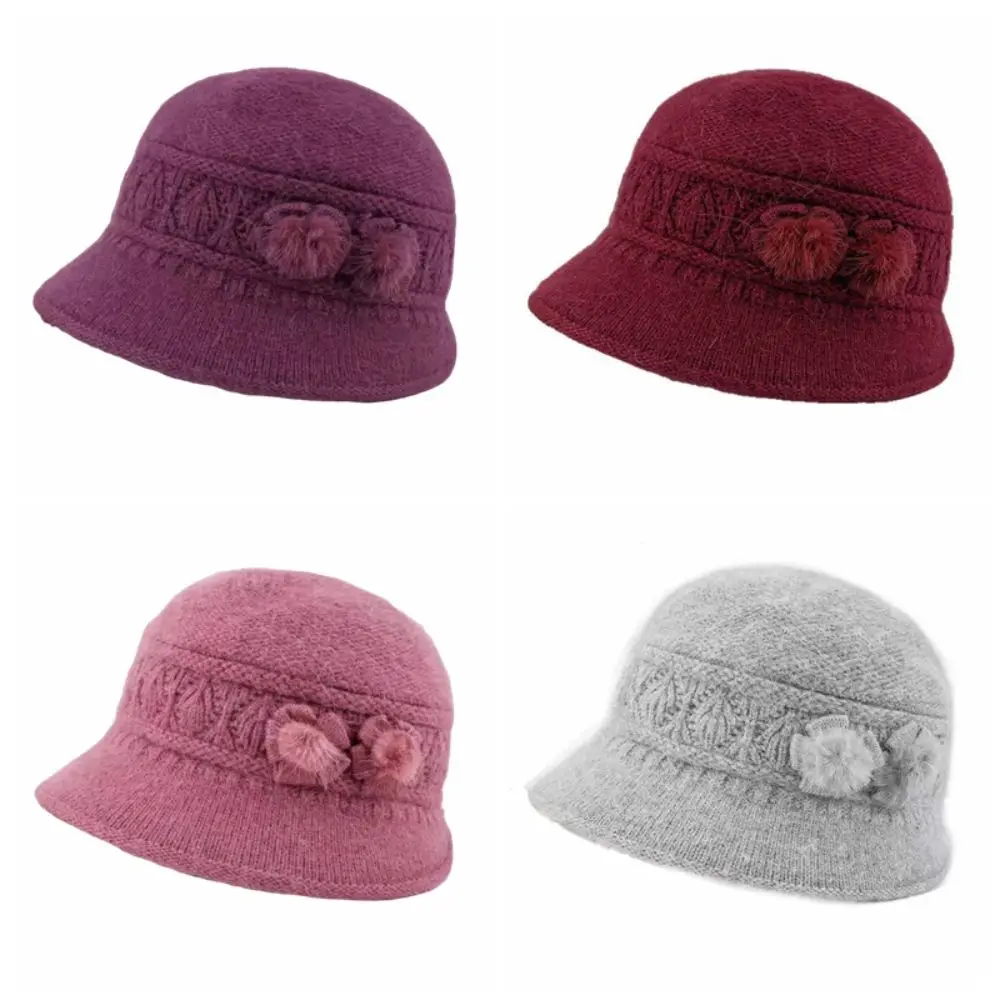 Faux Rabbit Fur Knitted Bucket Hat Thickened Warm Wide Brim Woolen Cap Fleece Lined Wind Resistant Mom Hat Cold Weather