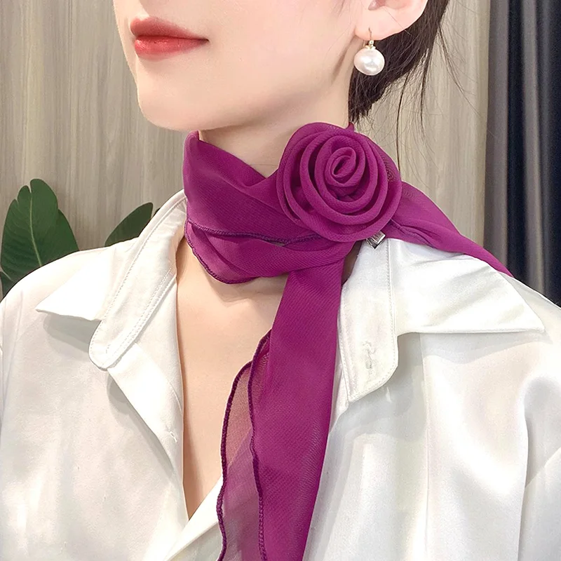 Fashion Rose Flower Silk Scarf Women Soft Chiffon Kerchief Neckerchief Head Hijab Ladies Long Ribbon Tie Scarf Office Clothes