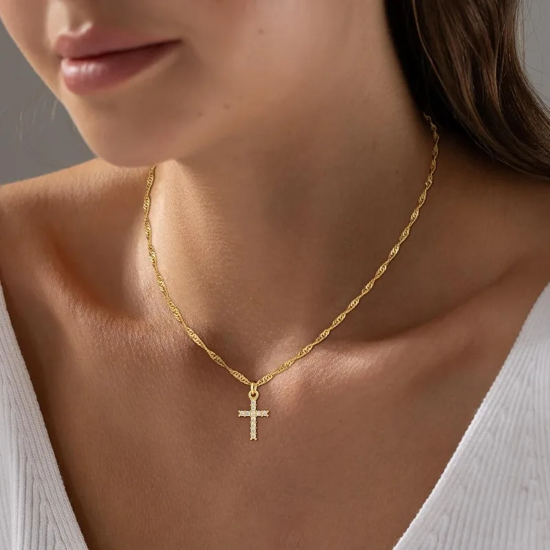 18K Real Gold Plated Stainless Steel Cross Necklace for Women Girls Non Tarnish Waterproof Easter Christian Faith Jewelry Gifts