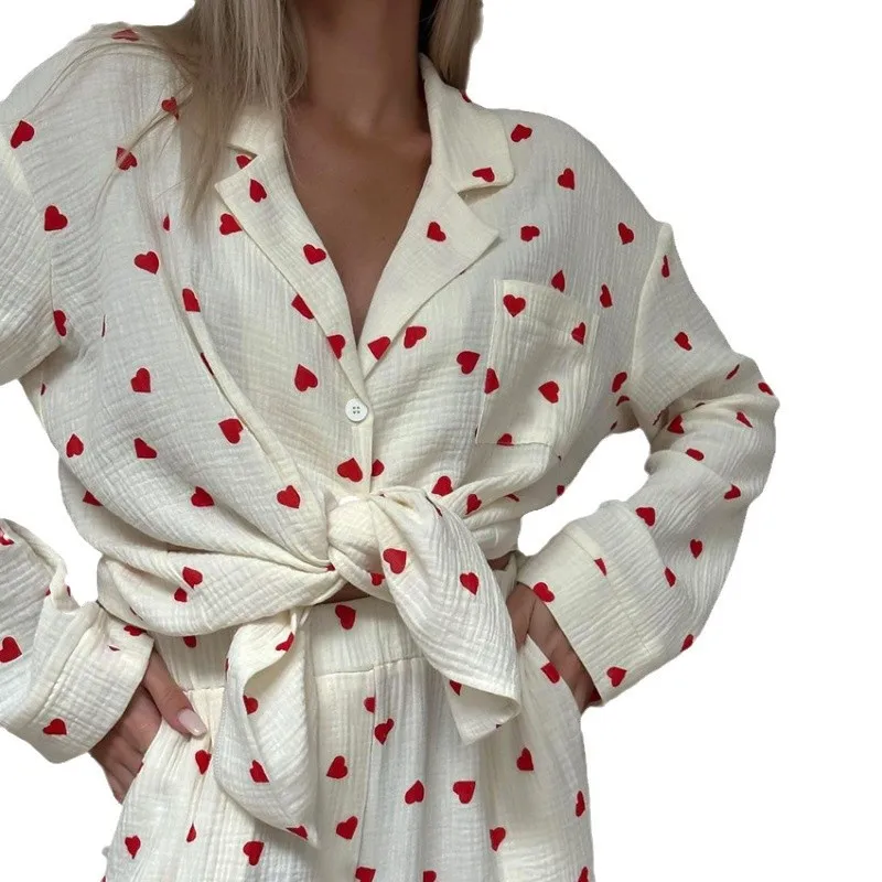 Cross-border European and American Spring New Love Printing Women's Loungewear Loose Long-sleeved Trousers Pajamas Two-piece Set