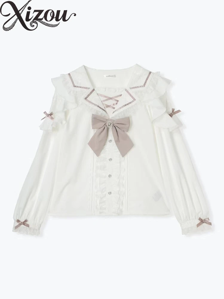 Haut à manches longues en dentelle avec nœud japonais, chemisiers à col bleu marine, Style Lolita, chemise Cosplay pour femmes, printemps automne