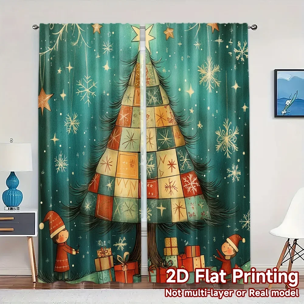 2pcs,Curtains Christmas Tree Stars Gift (3) Popular Light Filtering Curtains Machine Washable Fabric Curtains Art Deco Festive