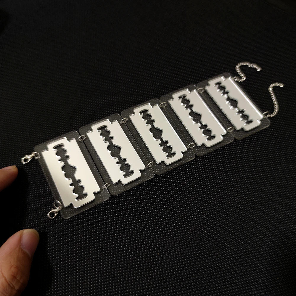 KUGUYS Blade Bangles for Women Men Mirror Silver Color HipHop Rock Fashion Jewelry Acrylic Accessories with Extended Chain