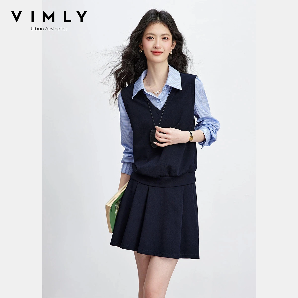 

Комплект VIMLY из 2 предметов: женский повседневный костюм, весна 2026, новинка, контрастные цвета, имитация двухслойности, свитшот и плиссированная юбка, однотонный, для повседневной носки, A3808