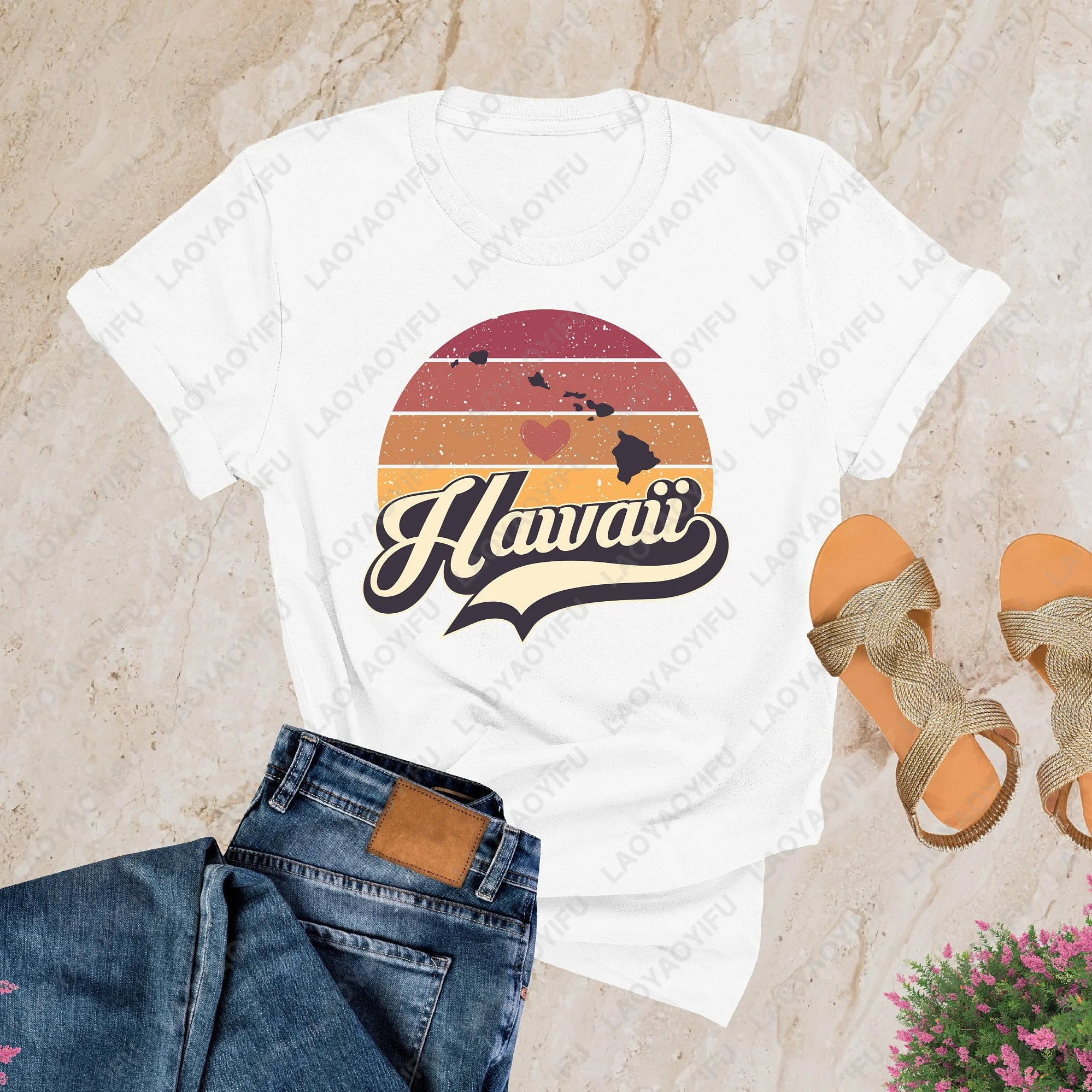 Retro Hawaii Map Vacation Souvenir Gift TShirt Casual Fashion Loose Harajuku Hip Hop Punk Women T Shirt Short Sleeve O-neck Tees