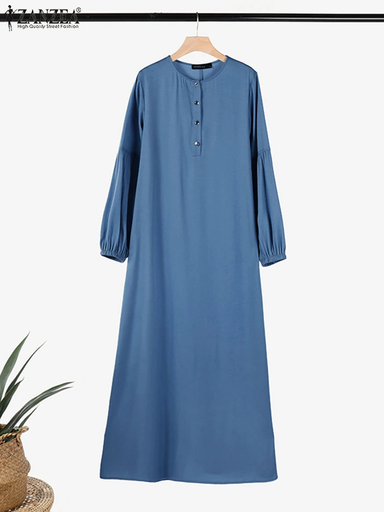 ZANZEA-maxivestido islámico para vacaciones, azul vaquero, holgado, informal, manga acampanada, medio botón, Abaya, Hijab, cuello redondo, Vestidos musulmanes para mujeres