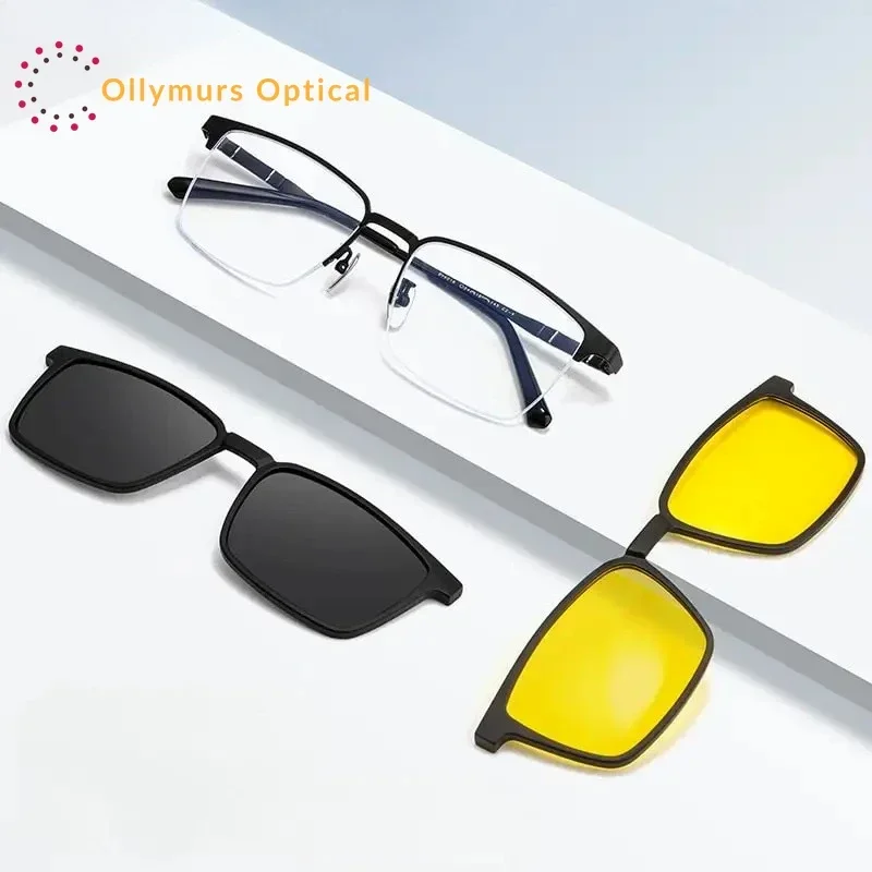 Ollymurs Men Clip On Glasses Frame Sunglasses for Day and Night Driving Fishing Titanium Optical Glass UV400 Anti Glare Lenses f