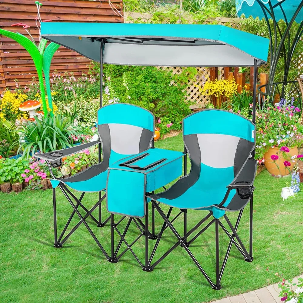 

Double Beach Chair with Canopy Shade, Folding Lawn Camping Chairs with Sunshade & Mini Table Beverage Holder & Carrying