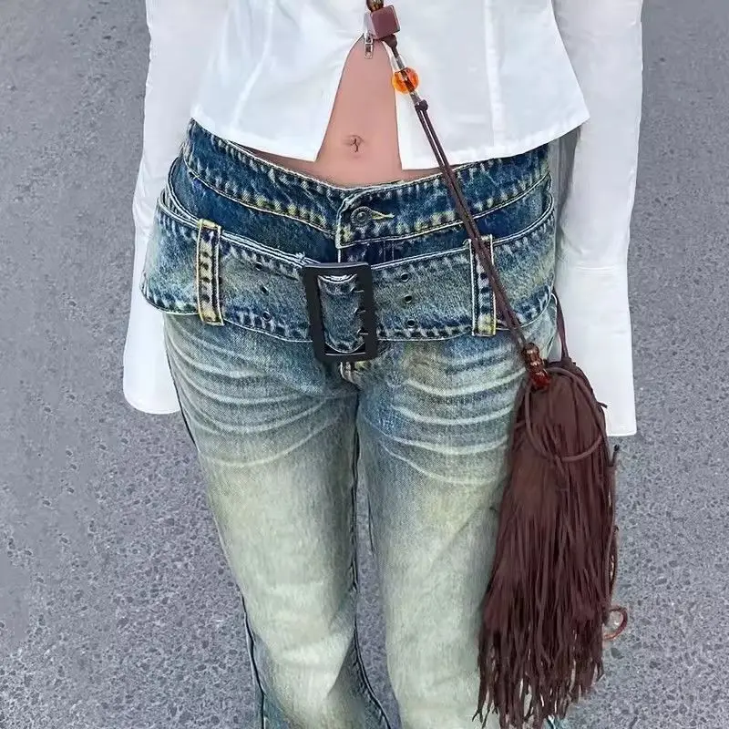 American Retro High Street Micro-Flare Jeans Women Autumn Winter New Style Maillard Wear High Waist Slim Pants