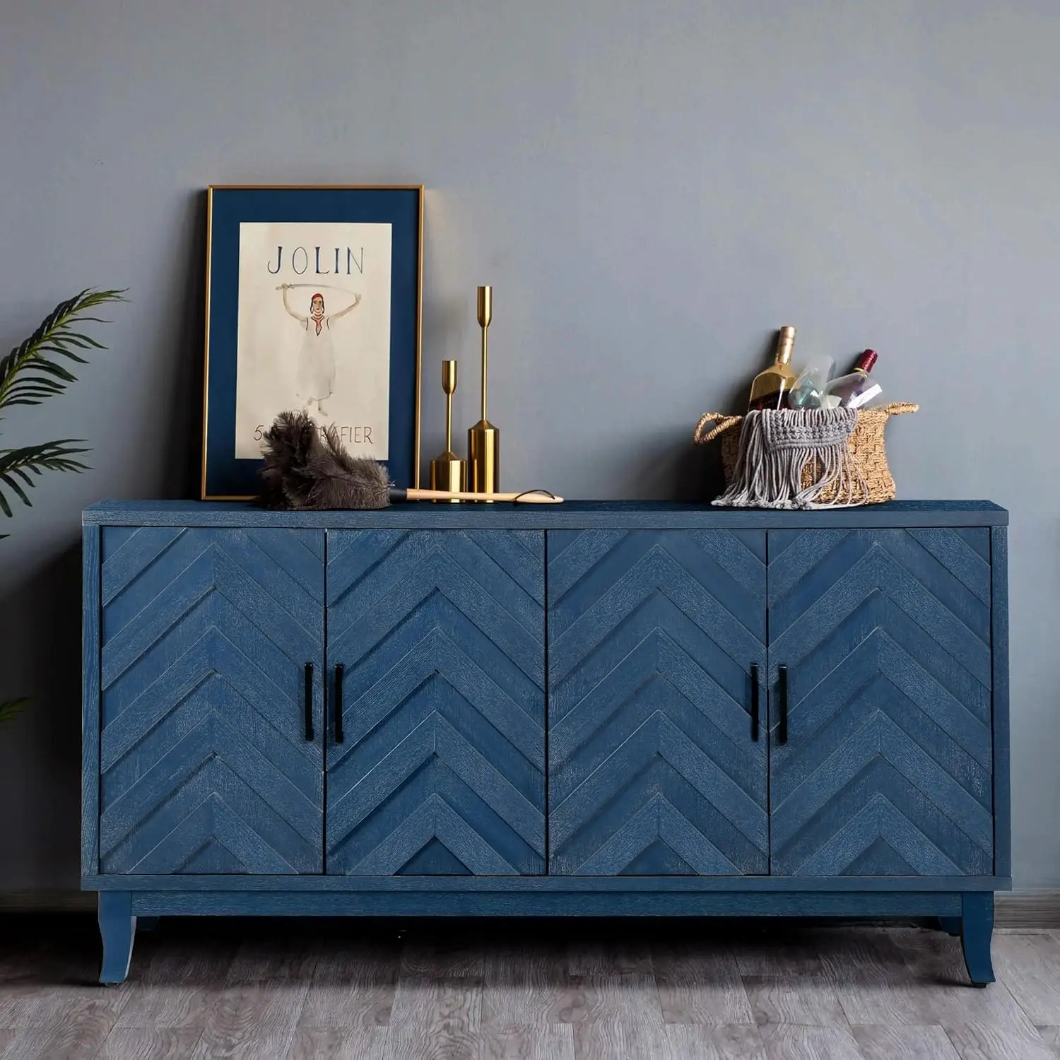 Vintage Wide Sideboard, Wood Cabinet with Black Metal Handle, Buffet Cabinet with Adjustable Shelf, Storage Sideboard for Bedroo