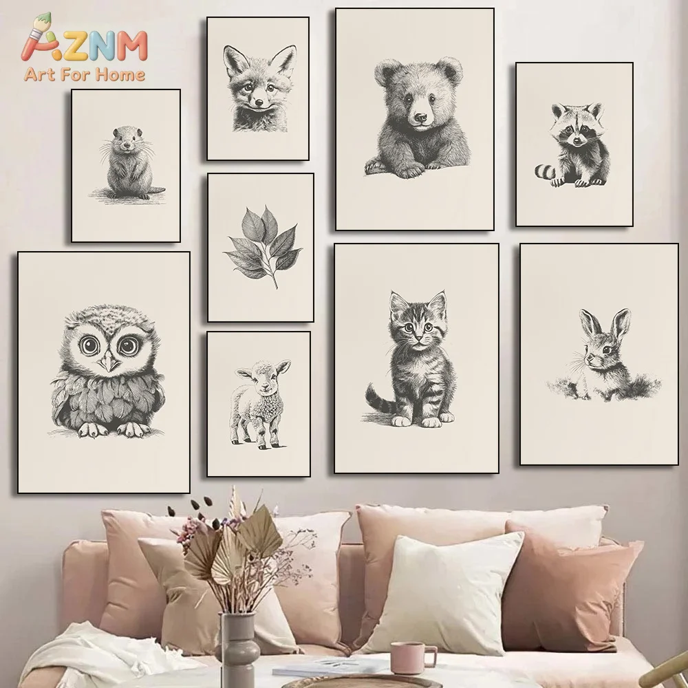 AZNM Vintage Sketch Baby Animal Canvas Wall Art Fox Bear Owl Drawing Print Neutral Nursery Kids Room Decor Unframed