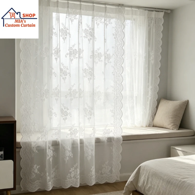 White Sheer Tulle Floral Transparent Retro Lace Curtains Fashion Popular Custom Size for Living Dining Room Decor Modern