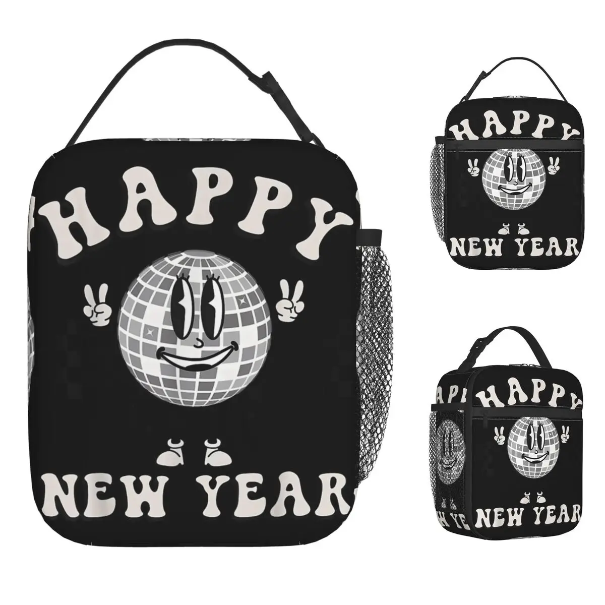 Checkered Happy New Year 2026 Disco Ball Lunch Bag Cute Lunch Box Child Picnic Convenient Cooler Bag Oxford Thermal Tote Handbag