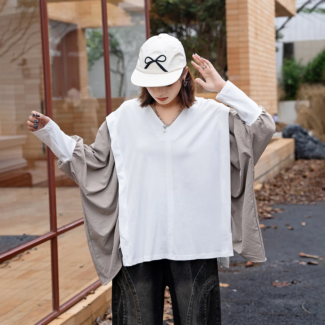 

SuperAen Japan-style V-neck Contrast Color T-shirt 2026 Spring and Autumn New Elegant Oversize Design Long-sleeved Pullover Tops