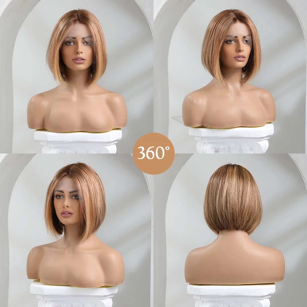 HAIRCUBE brązowe krótkie peruki z prostymi włosami dla kobiet 13*1 koronkowe peruki z ludzkimi włosami damskie środkowe rozstawione Ombre blond Bob peruka z włosów typu Remy