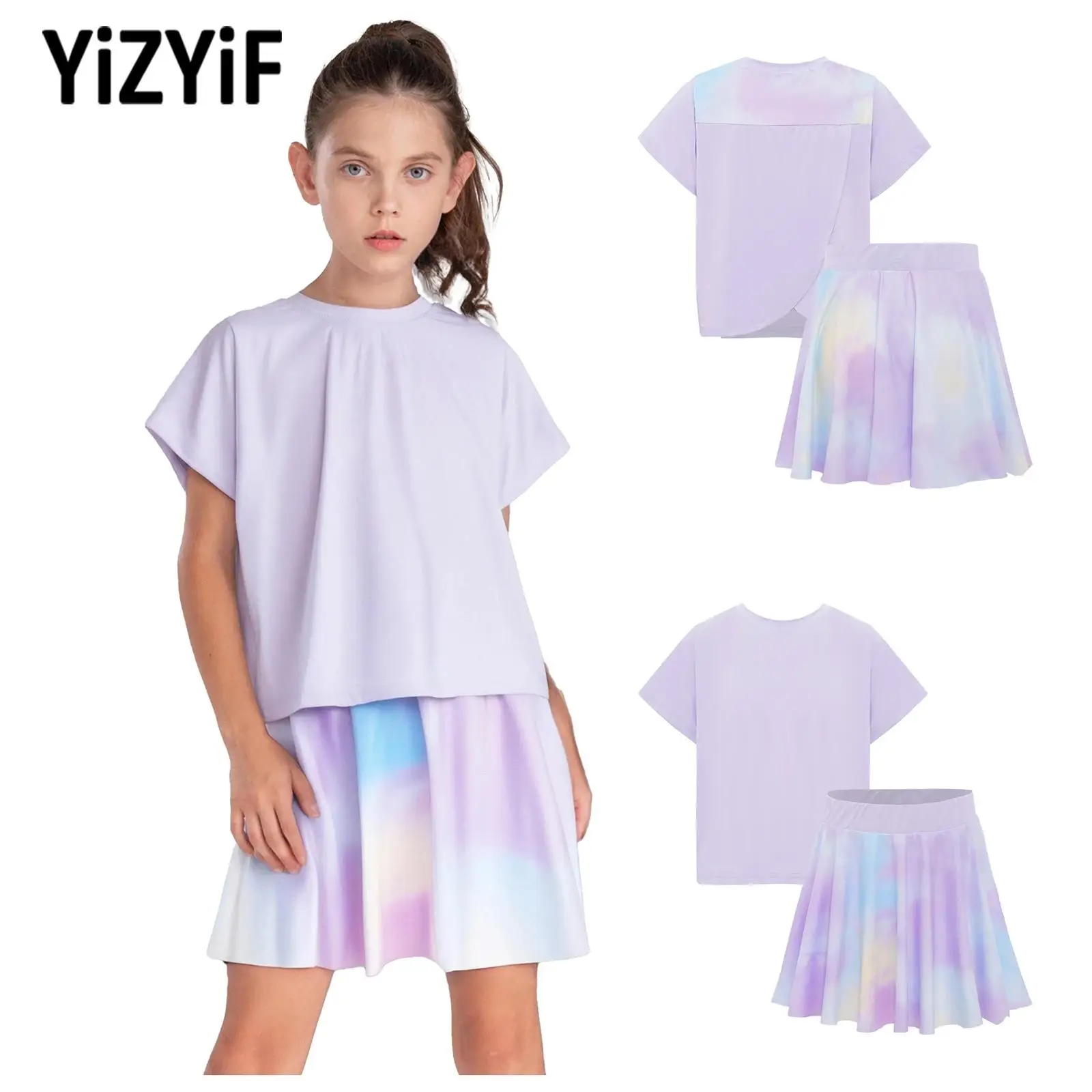 Kids Girls 2-Piece Quick-Drying Breathable Sports Set Badminton Tennis Outfit Short Sleeve Wrap Back T-shirt with Tie-Dye Skirt