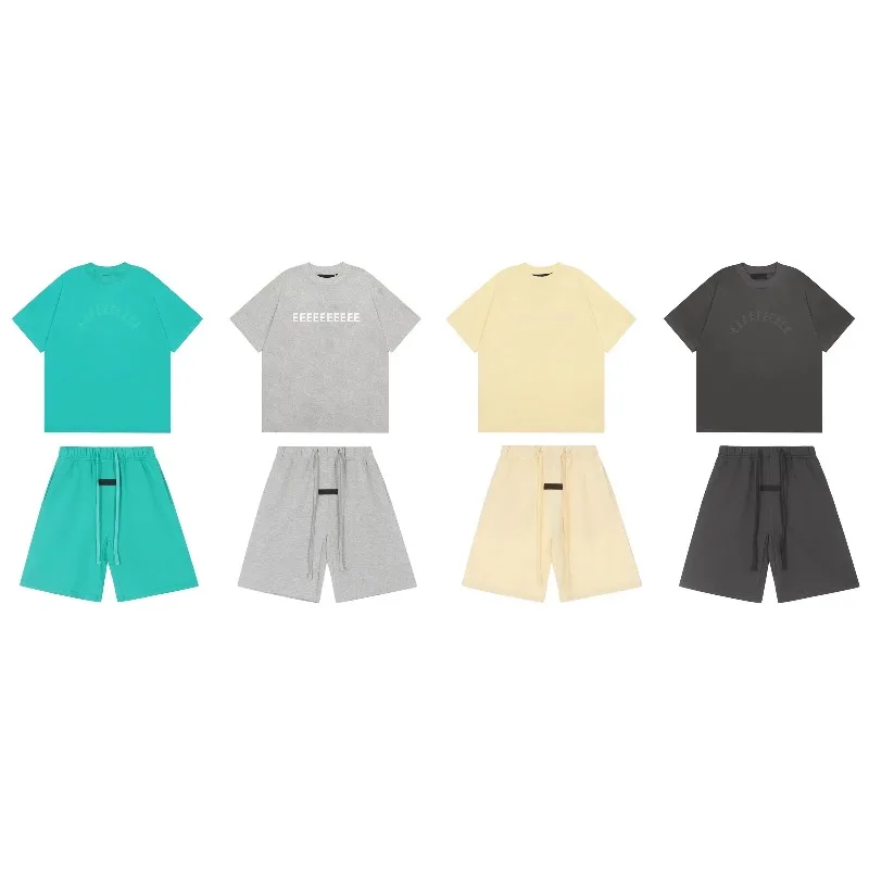 

Season 8 Classic Brand Double Line Short Sleeve Luxury Design Arched Silicone Letter T-shirt High Street Men's Loose Shorts Set
