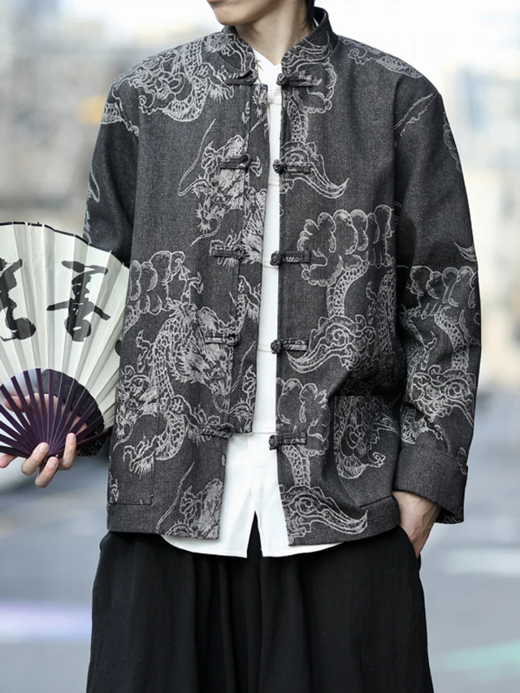 

Новая китайская куртка-жакет из джинсовой ткани с узором «Ветреный дракон», осенне-зимняя, с воротником-стойкой, в стиле Чжунган, для чайной церемонии, верхняя одежда