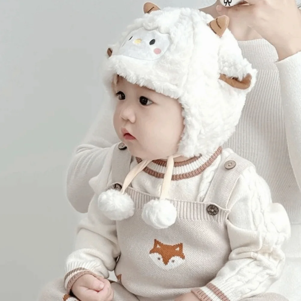 Chapéu de pelúcia de ovelha da criança kawaii engrossado macio bebê quente bonés respirável proteção de orelha dos desenhos animados gorro bonés tempo frio usar