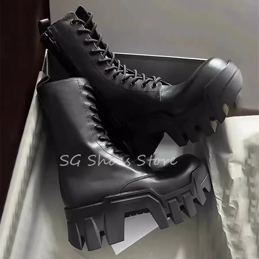 Punk Style Black Women Motorcycle Boots Round Toe Chunky Bottom Height Increasing Mid-Calf Boots Ladies Lace-Up Short Boots