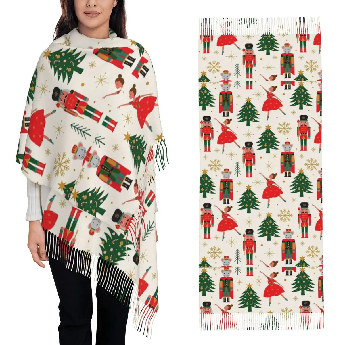 Christmas Nutcrackers Stars Ballerina Violin Scarf Tassel Scarves Women Soft Warm Shawls and Wraps Long Fall Winter Shawl Wrap