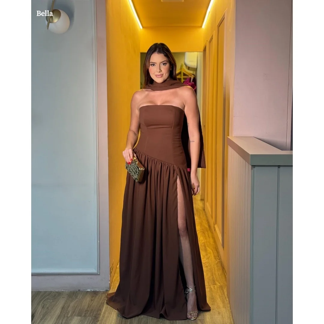 

Bella Customized Chocolate Brown Strapless Prom Dress with Matching Neck Scarf, Asymmetrical High Slit and Flowing Party Dress