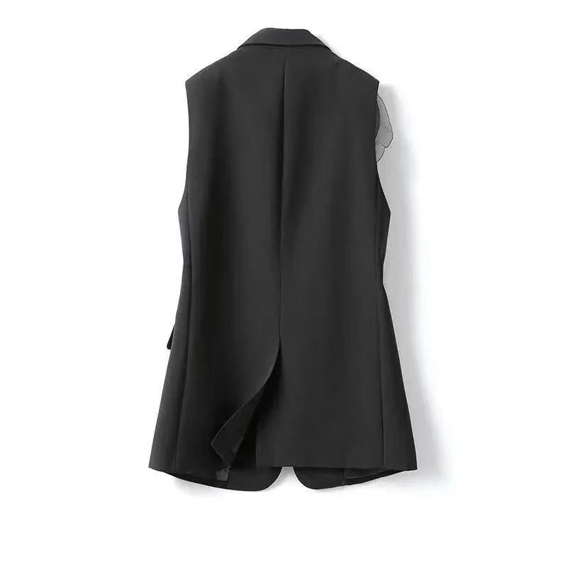 2024 New Black Suit Vest Female Summer Korean Fashion Stitching Chiffon Sleeveless Blazers Waistcoat Women Jacket Outerwear Top