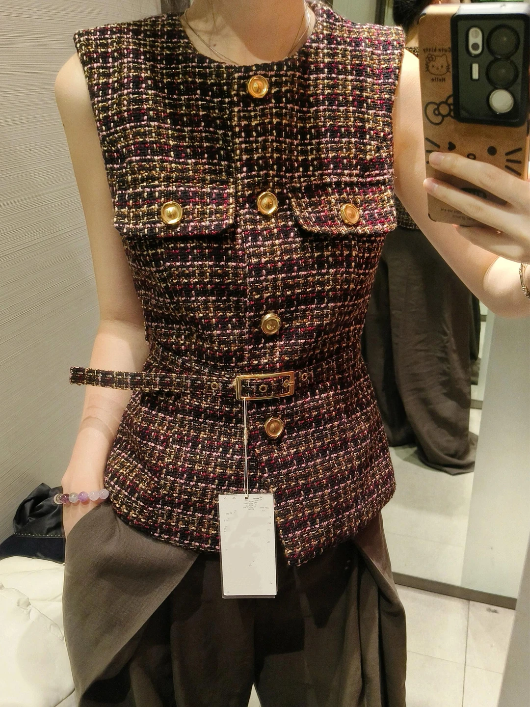 

Brown Plaid Thiened Waist Cinched Svel Vest Women's Faionable Outerwear Autumn Season 65320 Commute Sle