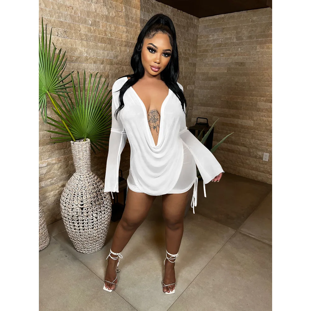 Y2K Sexy Diepe V-hals Mini Mesh Jurk Vrouwen Party Outfit Twee Stukken Set 2024 See Through Lange Mouw Club Party bodycon Jurken