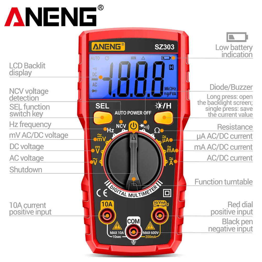 ANENG SZ303 Smart Digital  Multimeter 1999 Count Professional AC/DC Voltage Current Electrical Data Retention Test Tools