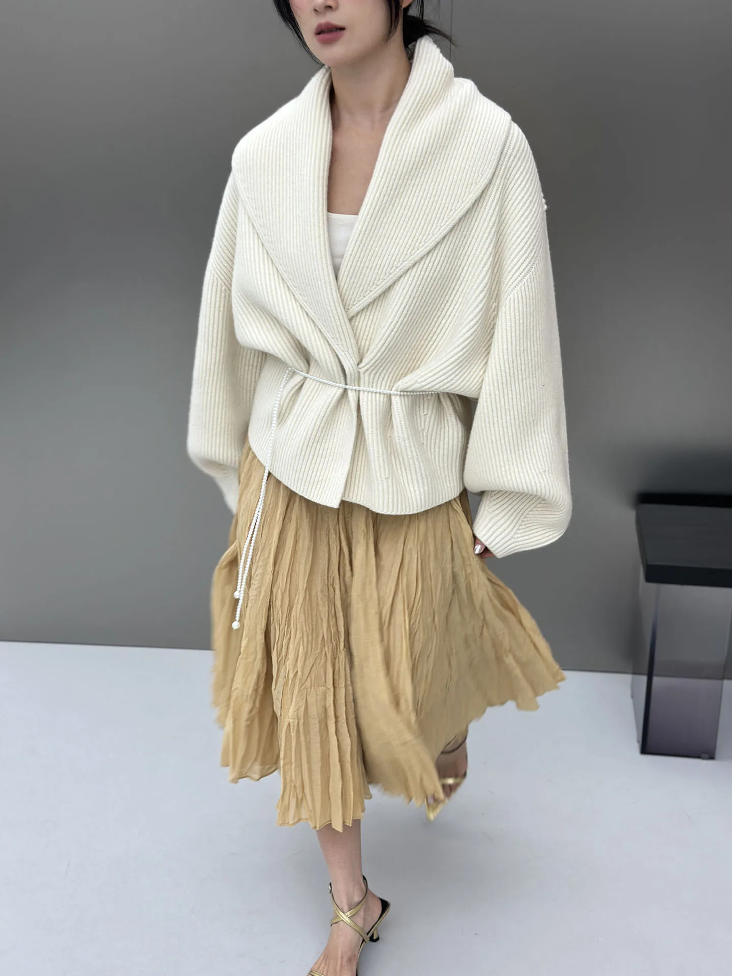 

Loose Double-Breasted Knitted Sweater Lazy Feel 225g Lamb Fur Tee-Page Series Casual Sle round Ne Open Cardigan for Women