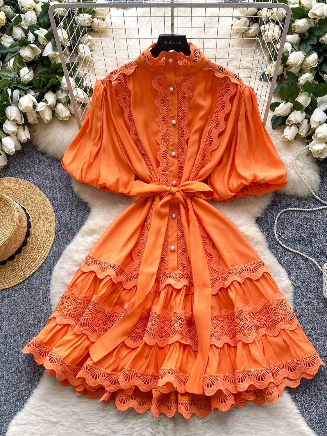 

Retro Court Faion Lace Splicing Belted Waist Dr Women's Lantern Sve Slimming A-Line Skirt High Waist ort Sve Mid...