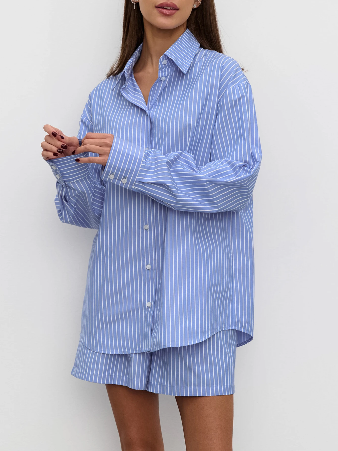 Feminino outono casual listras camisa de manga longa e shorts evasê cintura elástica conjunto de uso diário