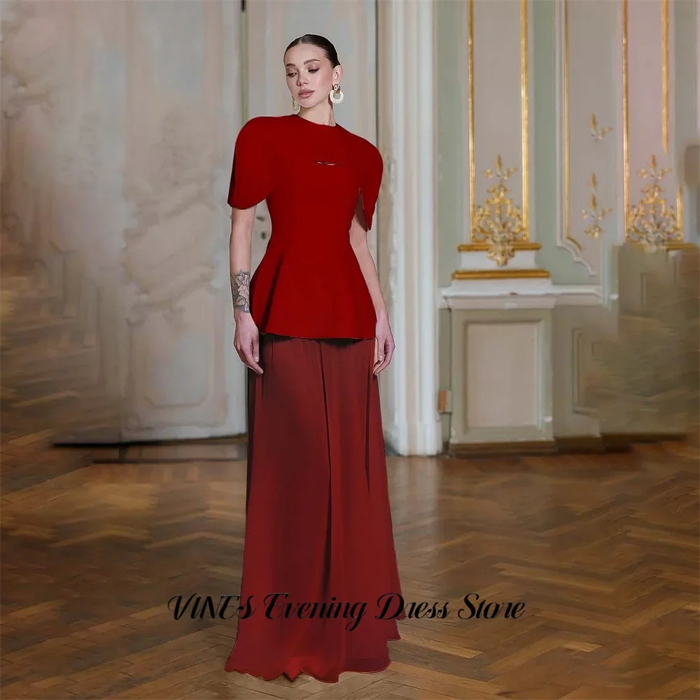 VINES Red Simple Prom Dress Round Neck Celebrity Dress Short Sleeves Evening Dresses Floor Length Wedding Formal Gown Customized