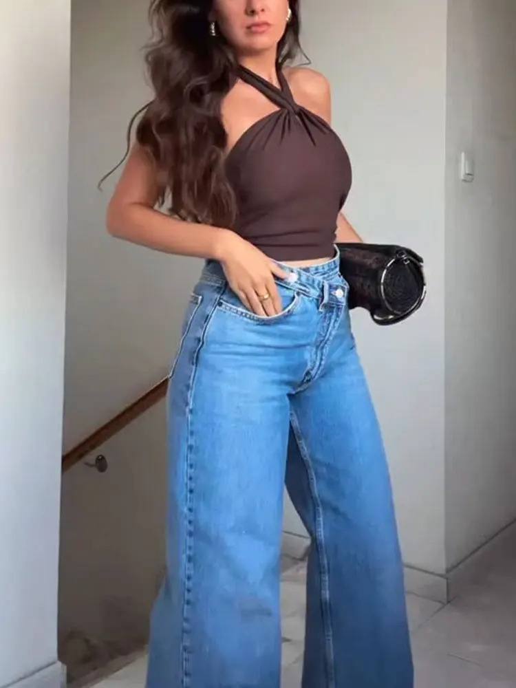 HH Female Vintage Asymmetric Straight Jeans High Waist Solid Double-clad Pants Pockets Street Fashion Trousers Chic Bottom