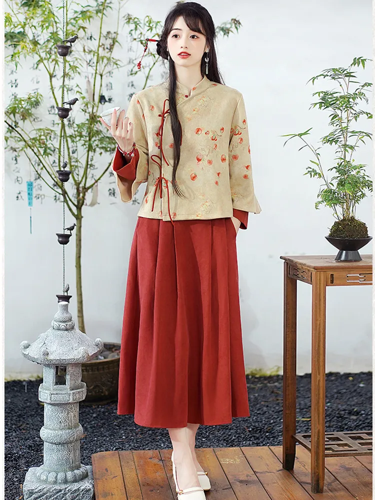 Vintage Chinese Style Spring Autumn Women Skirt Suits Persimmon Print Cheongsam Top And High Waist Long Skirt Two Piece Set